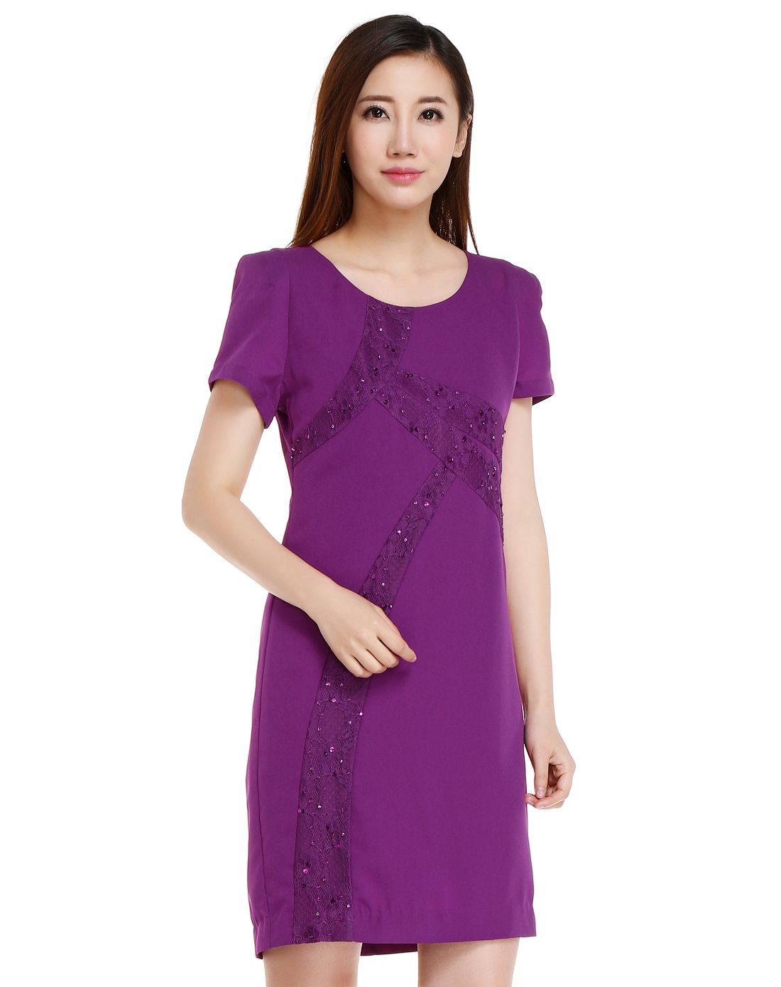 莱姿rojrover玫红色蕾丝拼接珠片短袖连衣裙wsfe112af_唯品会