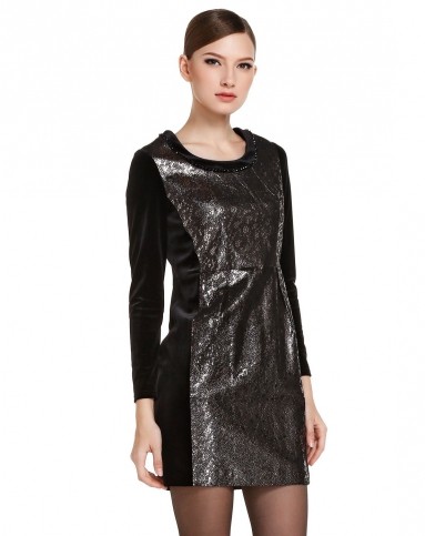 黑/银色高贵优雅皮拼接长袖连衣裙