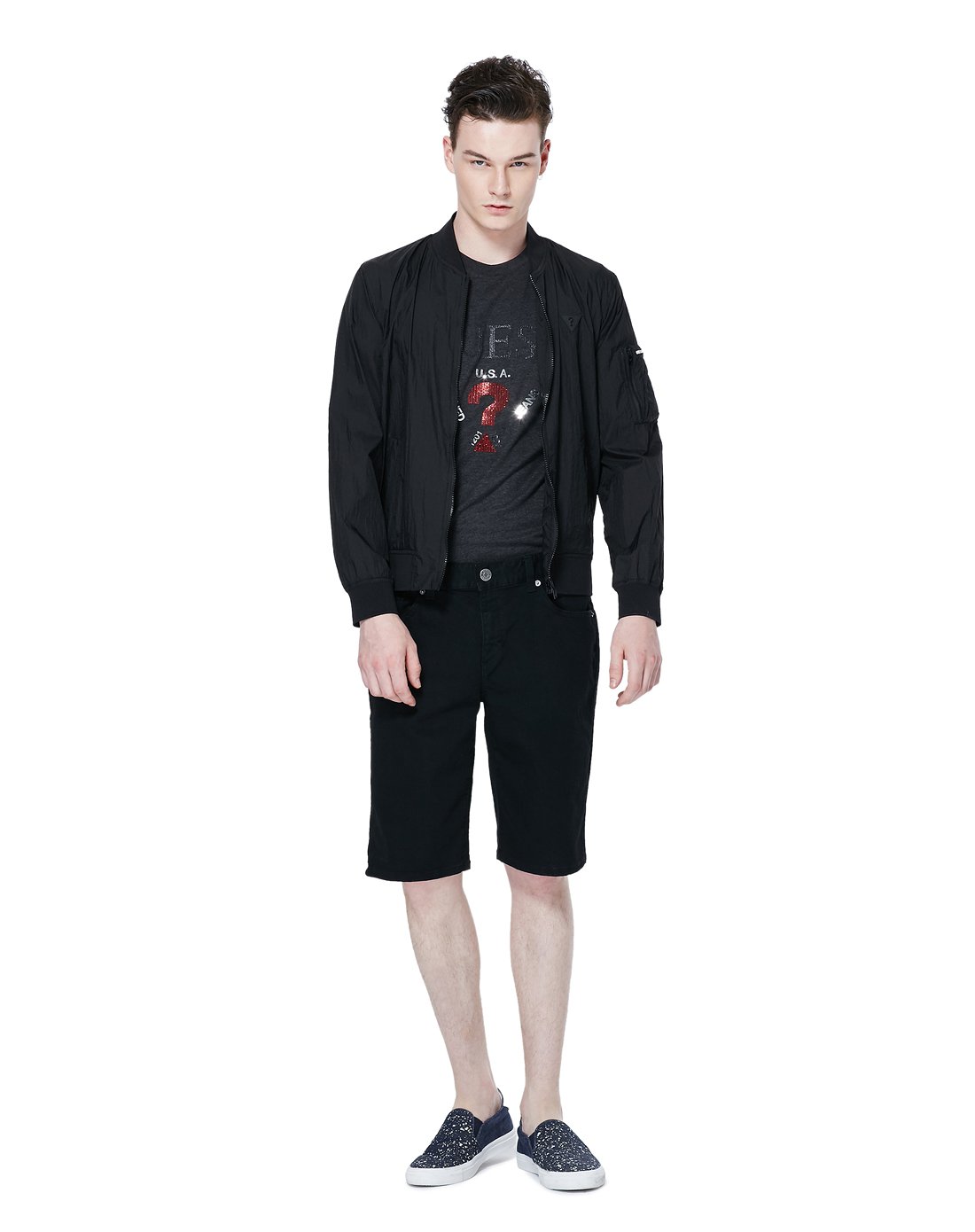 guess型格男装 2017春夏新品guess 情侣款男士纯色贴布logo休闲外套mh