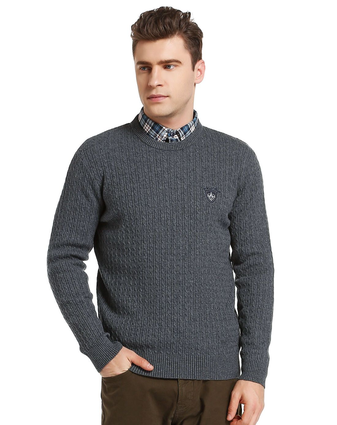 纳维凯尔navigare男装针织专场碳灰色舒适麻花长袖羊毛衫b2440001939