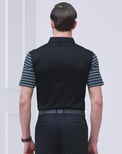 100%丝光棉休闲时尚翻领黑蓝短袖t恤