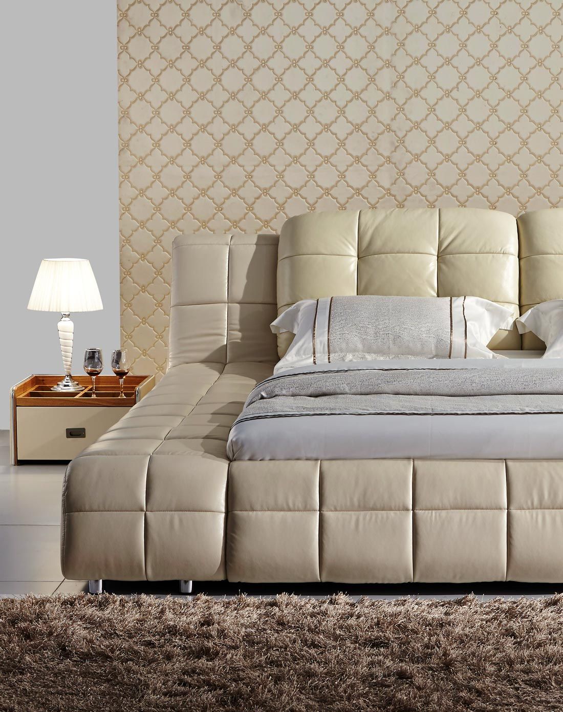 雅歌布诺 梦洛琦系列 真皮床 现代简约 功能边榻大床