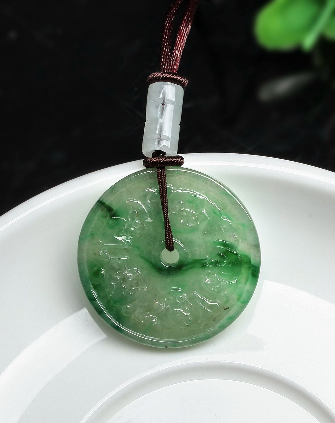 浓绿色a货翡翠五福临门平安扣