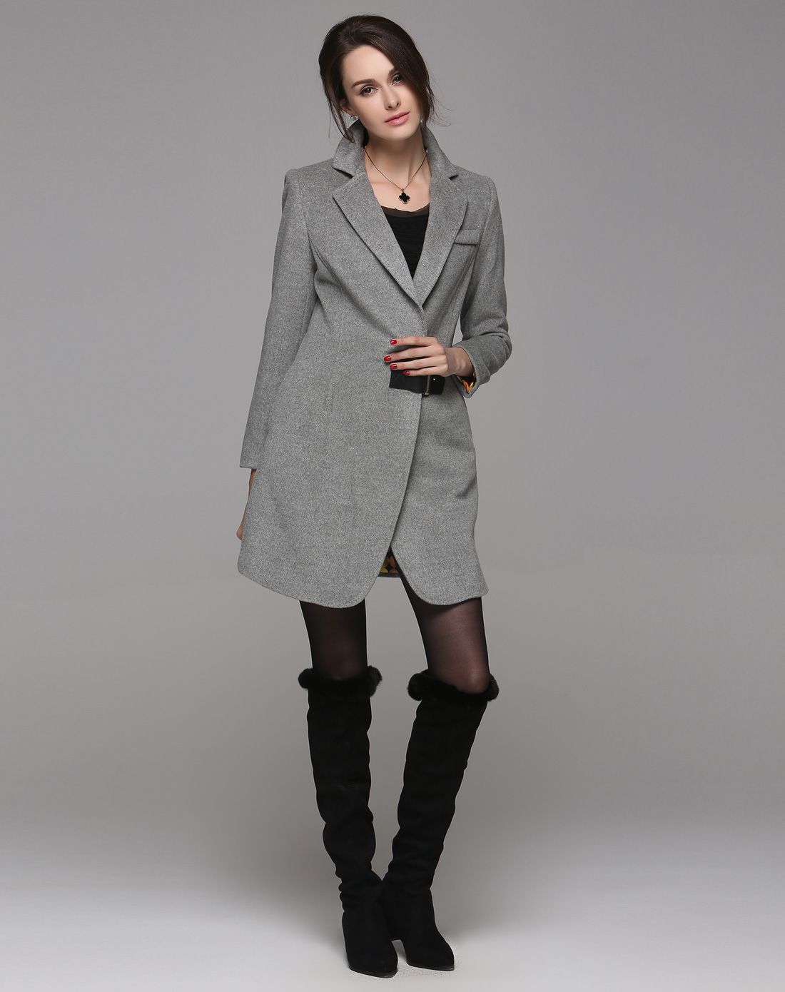 女装灰色气质修身中长款毛呢大衣