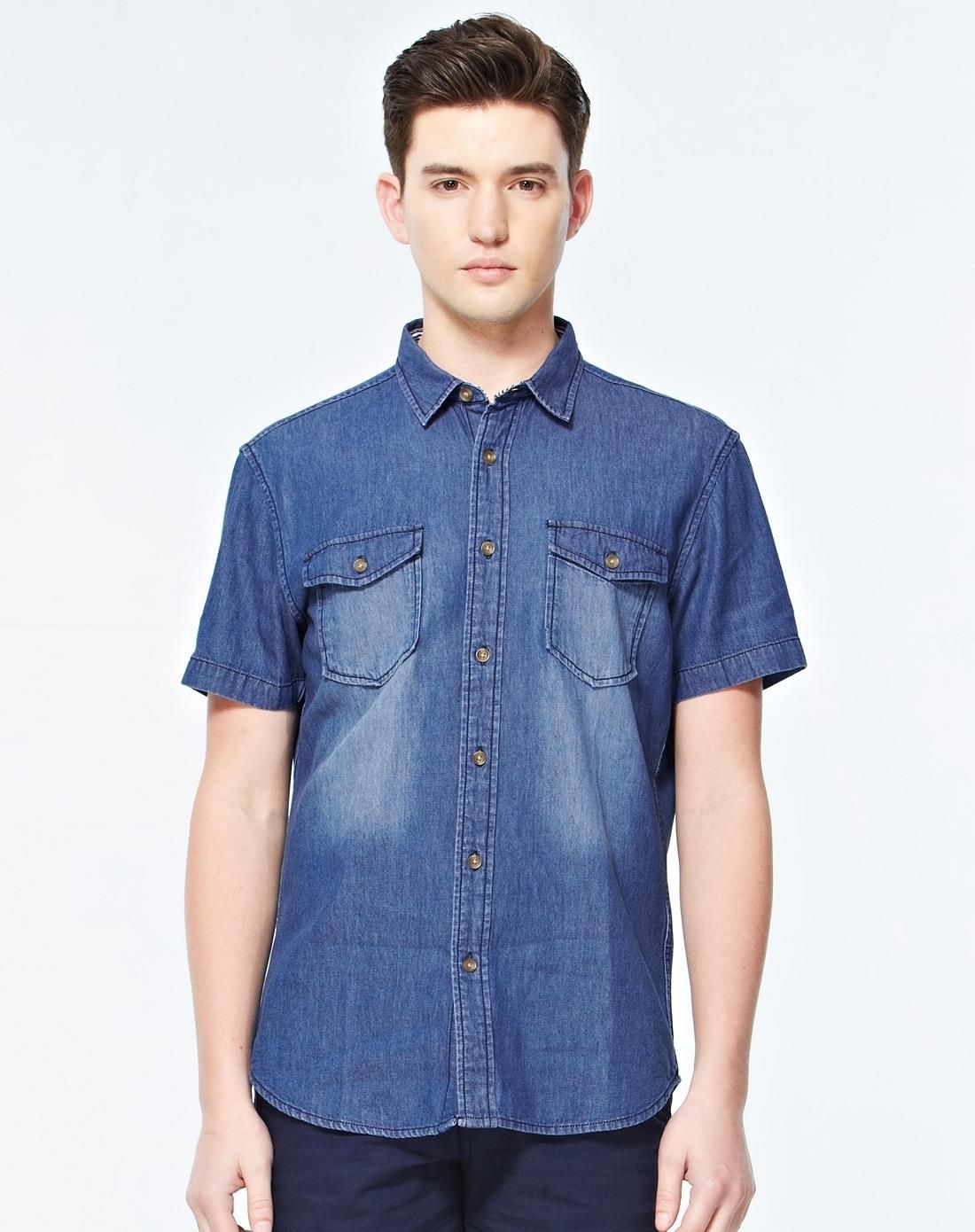 深蓝色 复古纯棉丹宁短袖牛仔衬衫