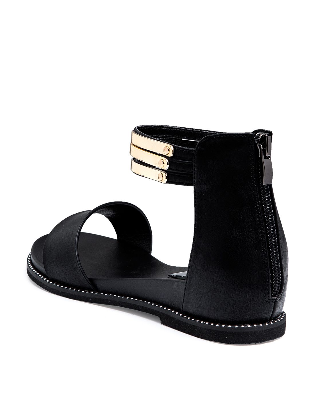 新款平底一字绑带潮流金属装饰黑色凉鞋