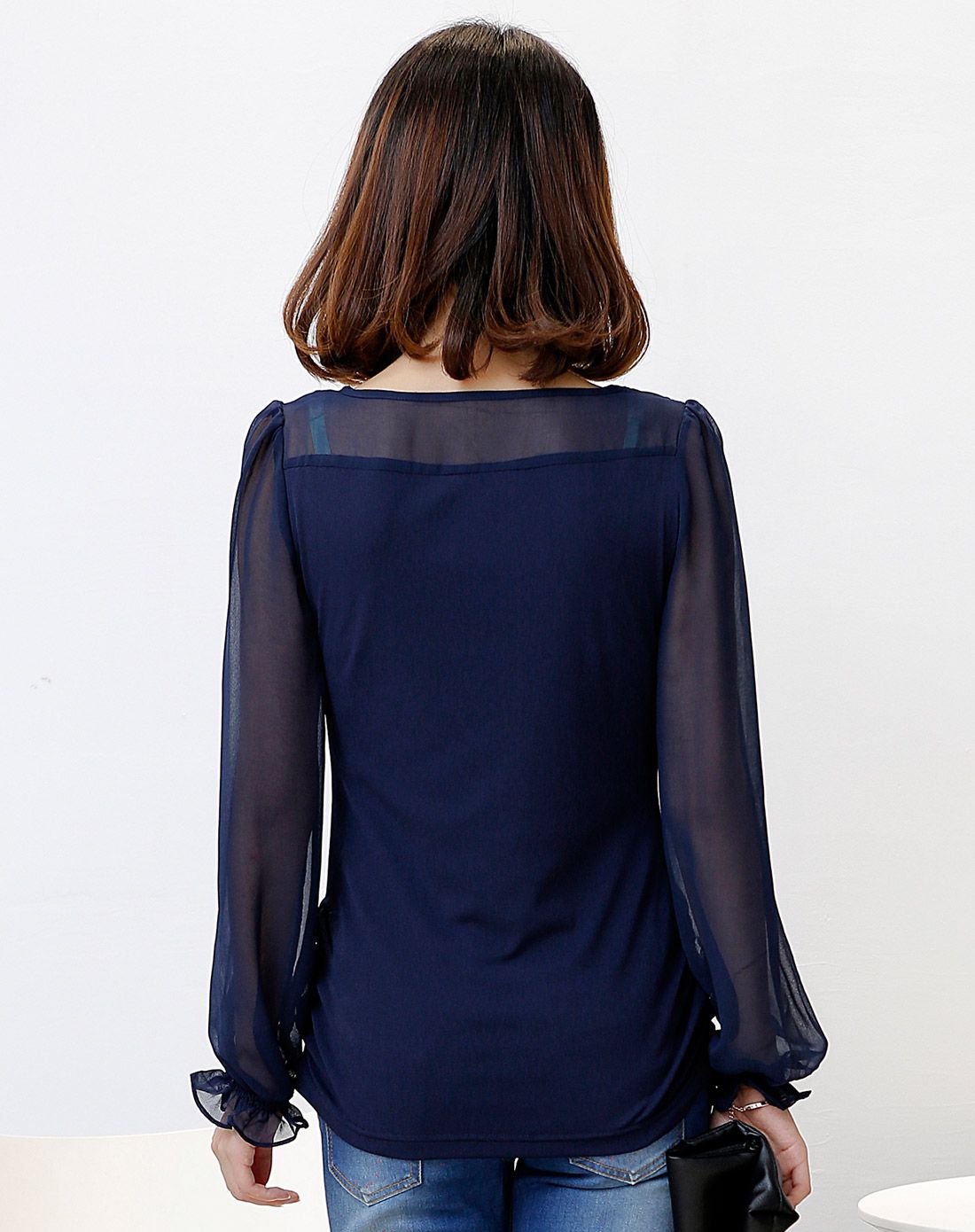 深蓝色薄纱袖修身百搭针织衫