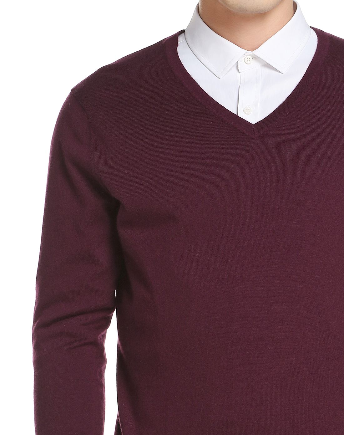 深紫红色基本款简洁长袖山羊绒衫