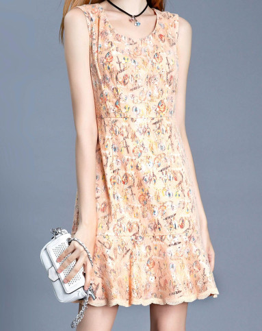 虾粉色蕾丝叠透无袖连衣裙