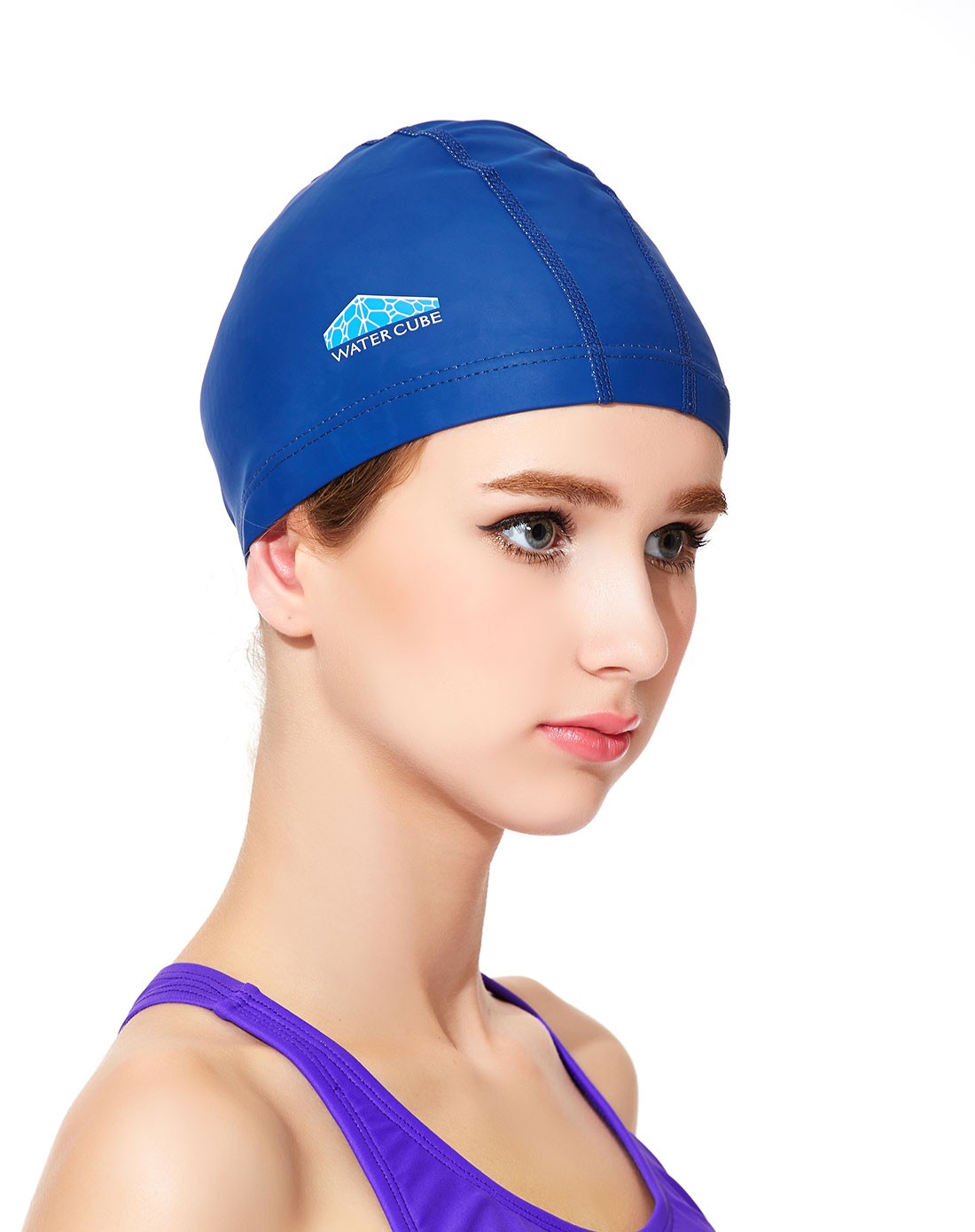 双层舒适护耳 成人深蓝pu涂层泳帽