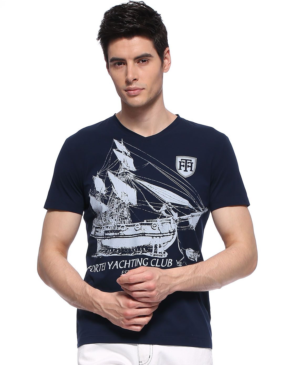 宝蓝帆船印花休闲v领短袖t恤