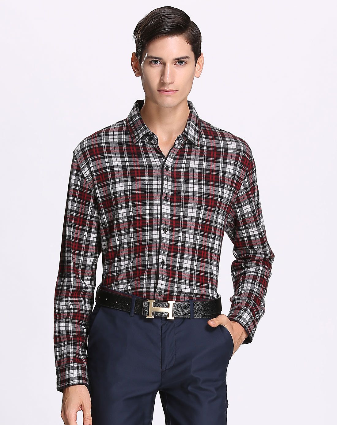 丝质面料经典苏格兰格长袖衬衫