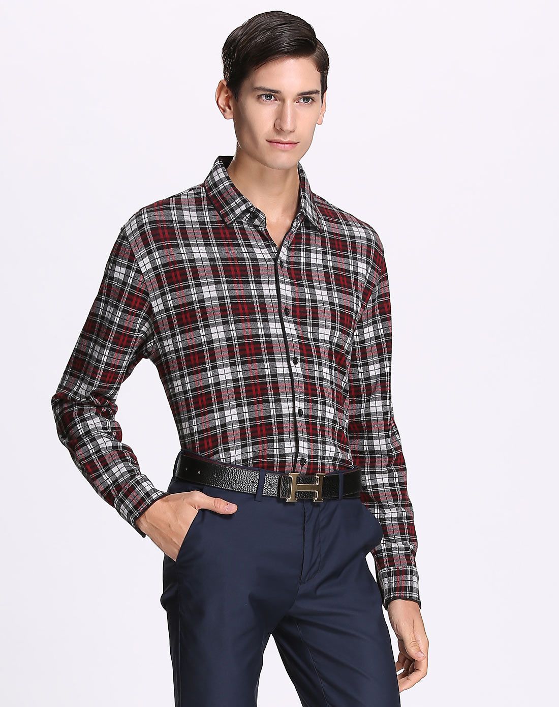 丝质面料经典苏格兰格长袖衬衫