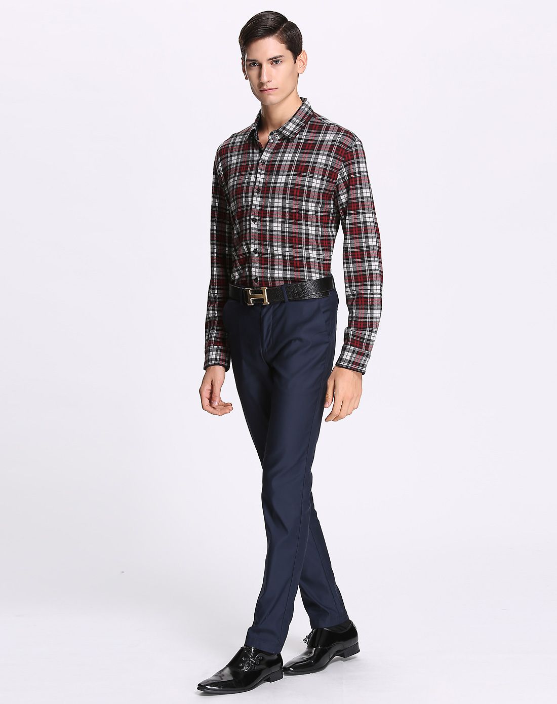 丝质面料经典苏格兰格长袖衬衫