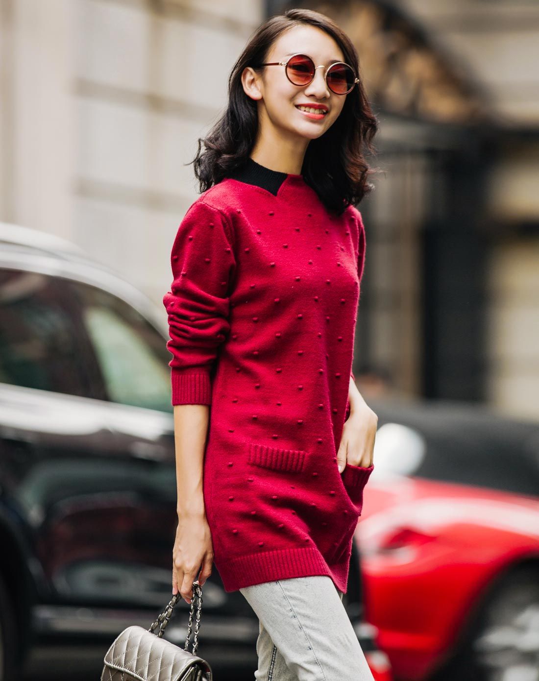 女酒红色时尚圆领针织长款套头衫