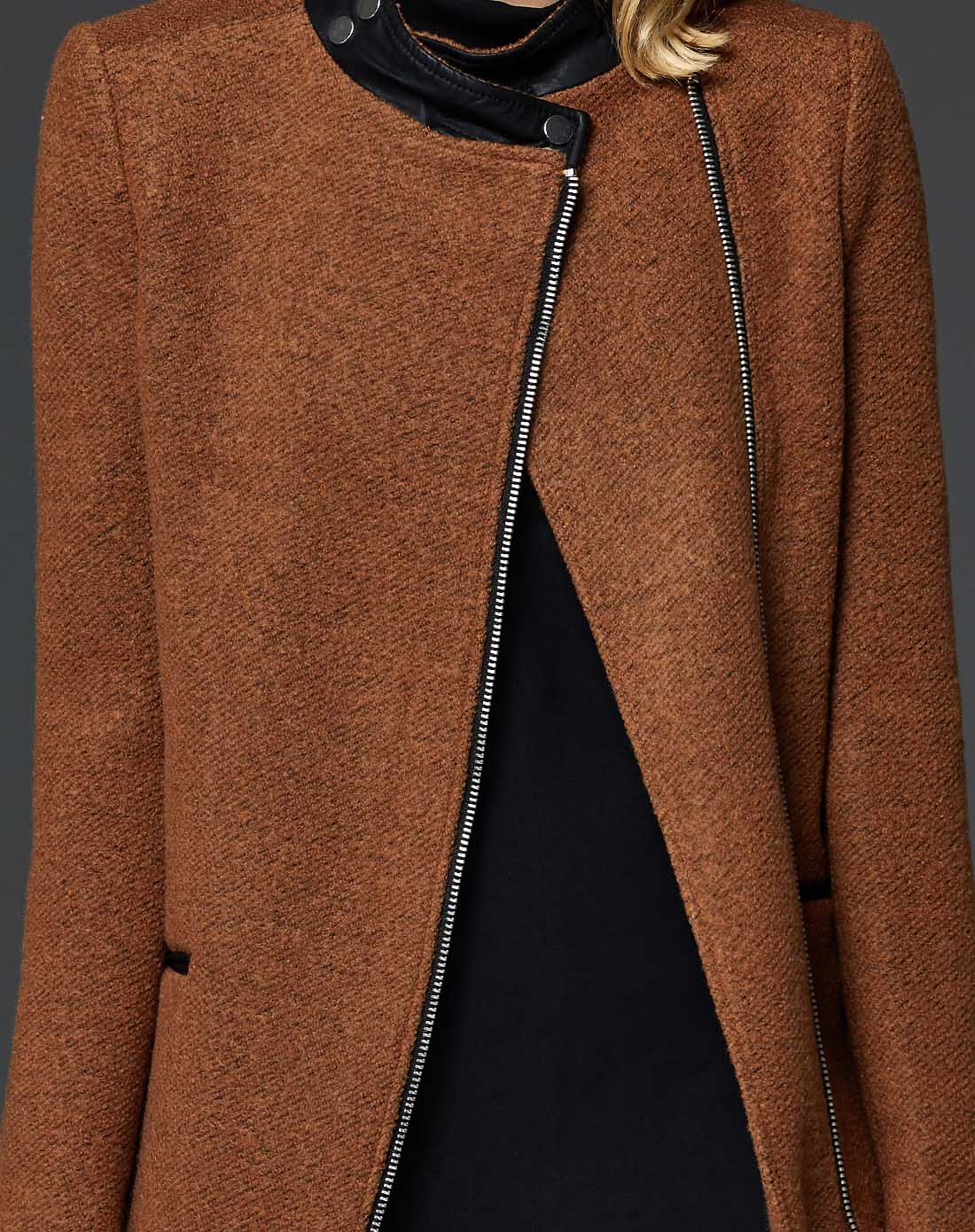 烟草棕小立领修身羊毛大衣