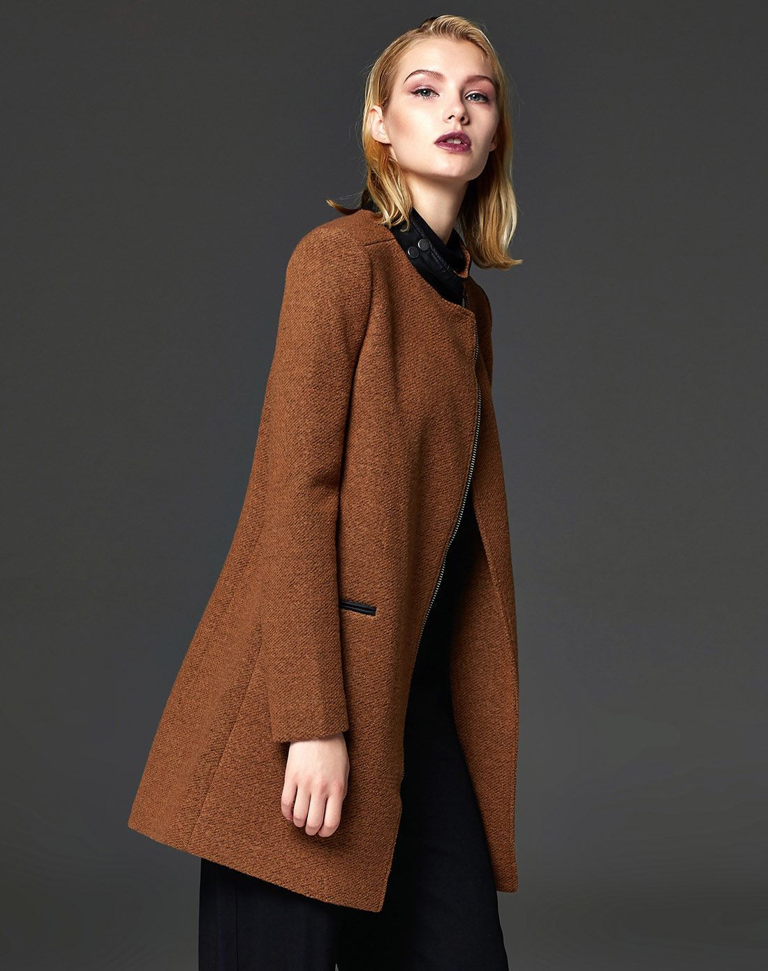 烟草棕小立领修身羊毛大衣