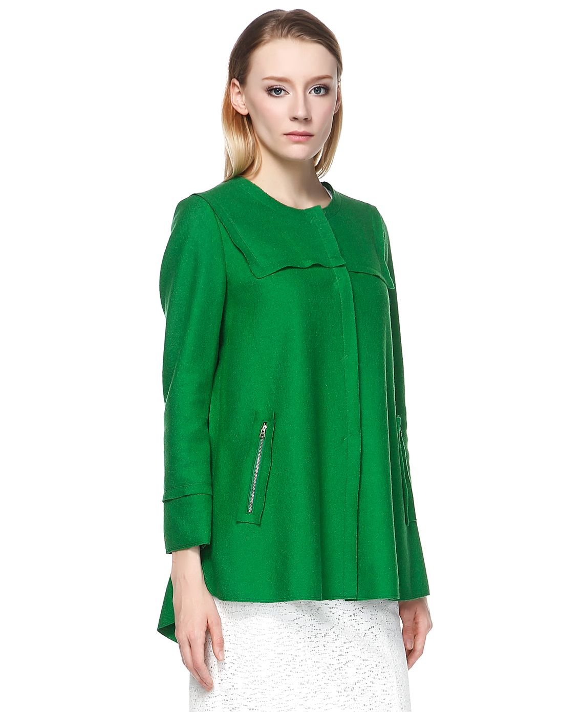 青绿色圆领时尚长袖羊毛外套