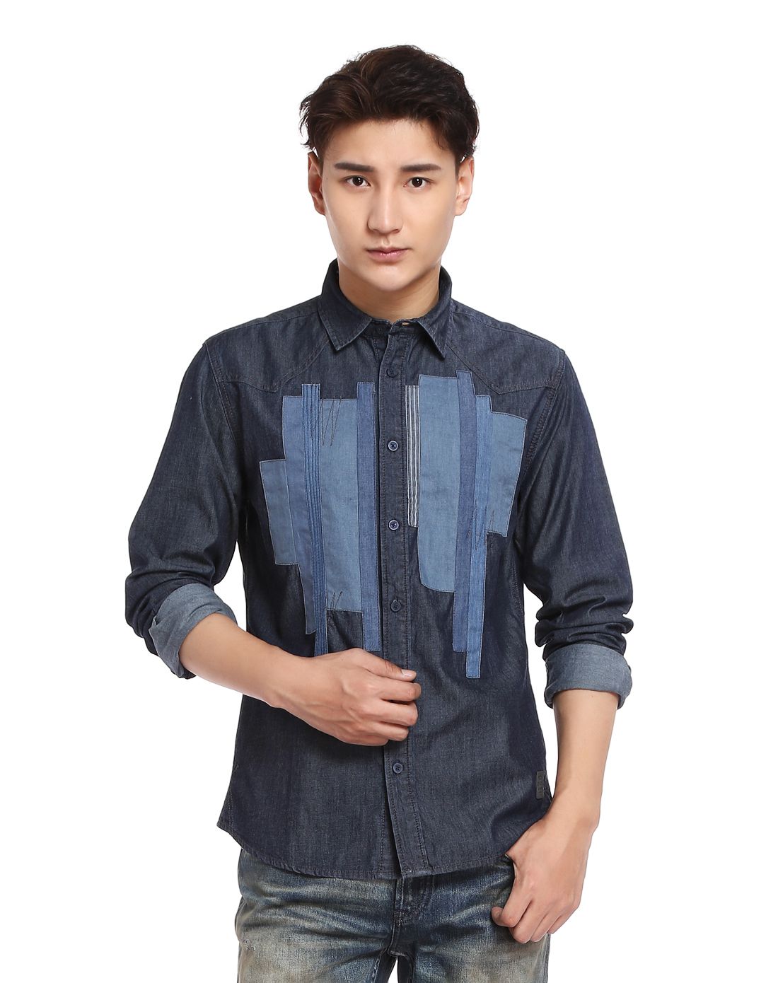 男款灰蓝色休闲拼接长袖衬衫