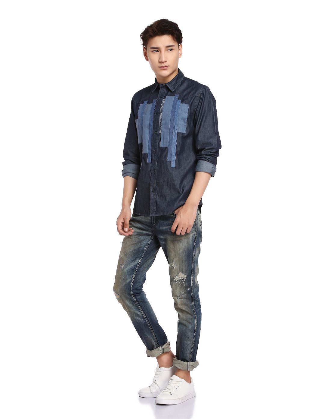 男款灰蓝色休闲拼接长袖衬衫