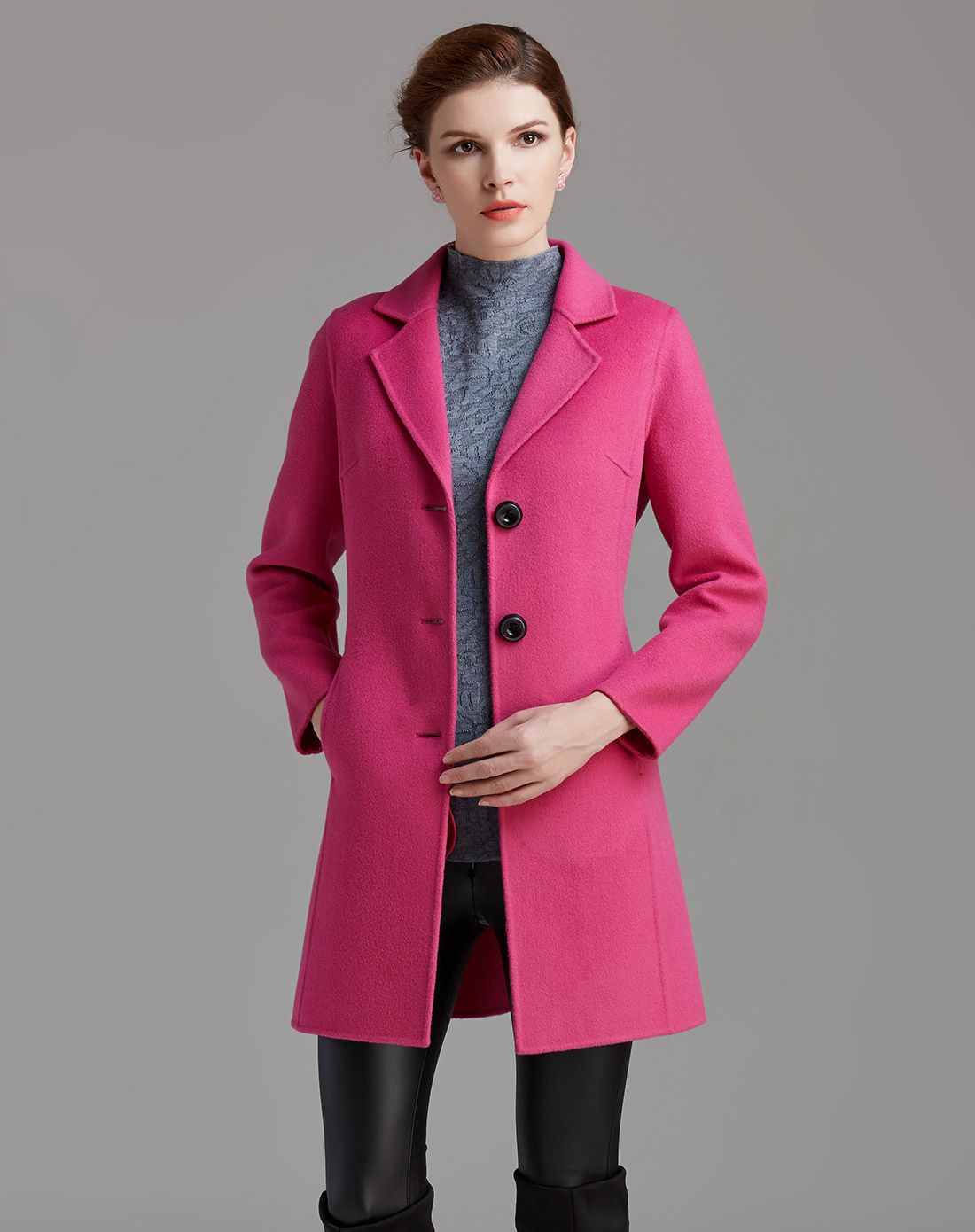 桃红色气质修身双面毛呢外套