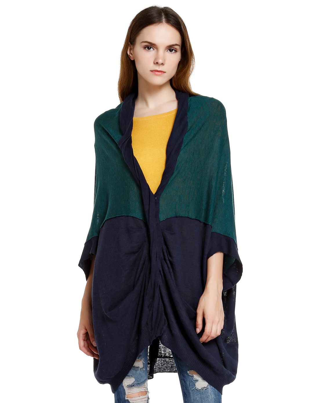 atsuro tayama女款深蓝配墨绿色时尚设计蝙蝠袖上衣