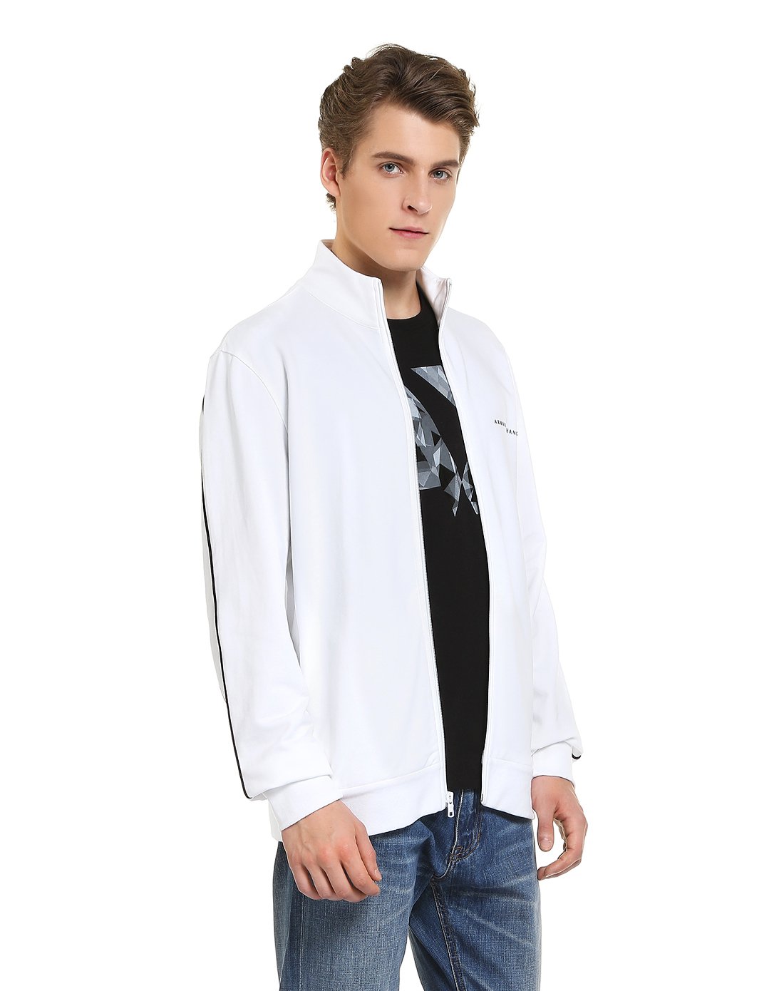 armani exchange男款logo拼接简洁立领棉质外套白色