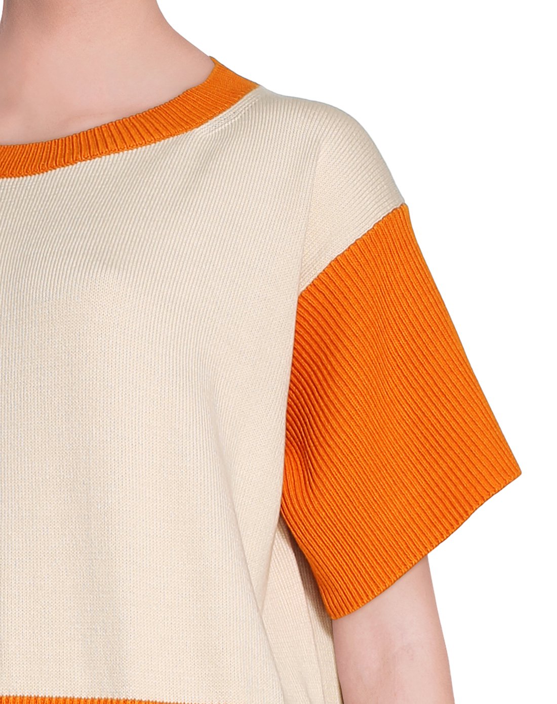 mm6女款米/橘色拼接短袖针织连衣裙