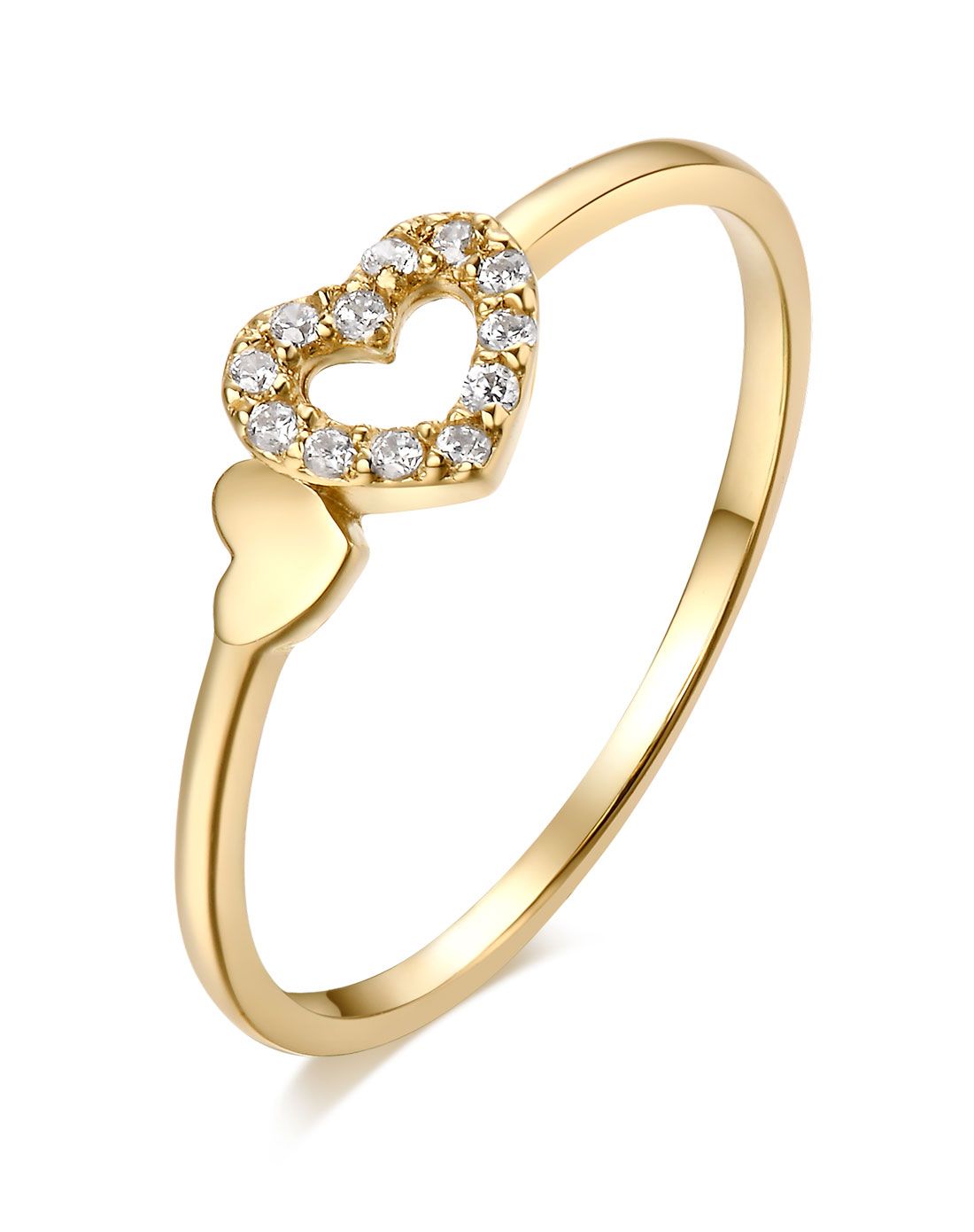 心心相印 韩国14k金镶钻双爱心戒指