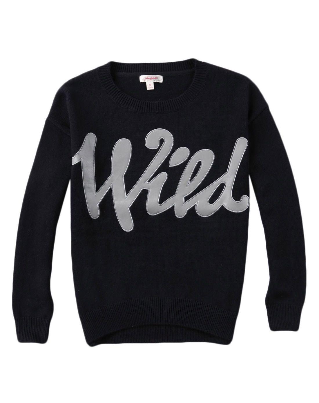 女装黑色圆领胸前字母贴布绣毛衣