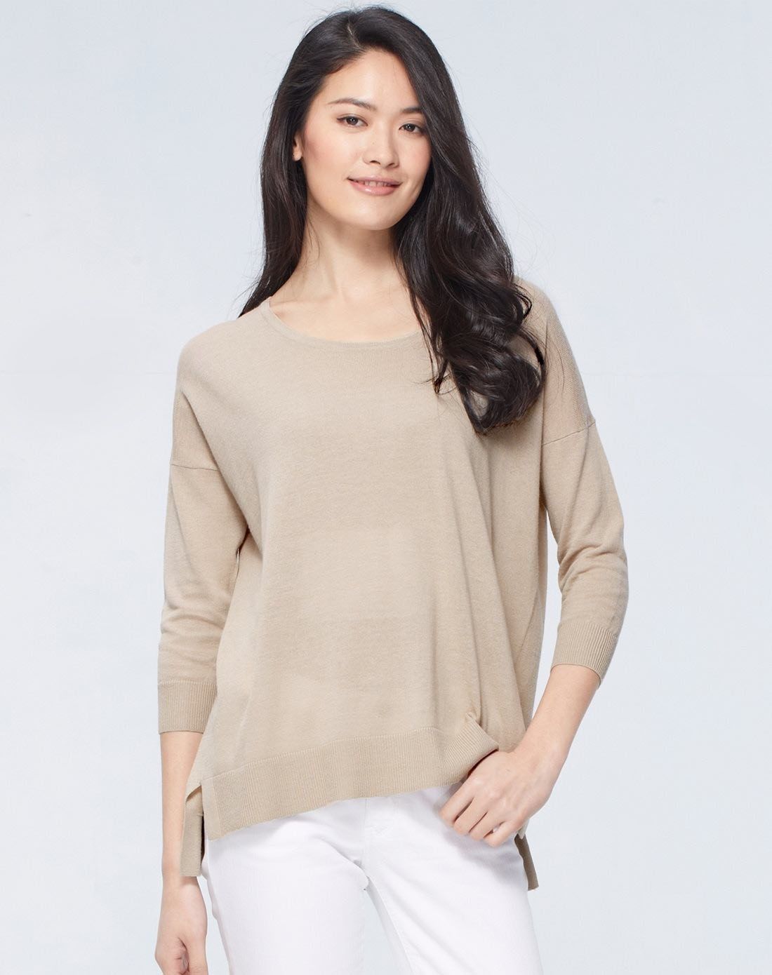 爱尔兰亚麻色 舒适麻棉撞色条纹宽松套头针织衫