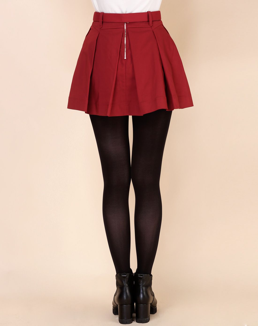 酒红优雅收腰百褶纯色半身裙