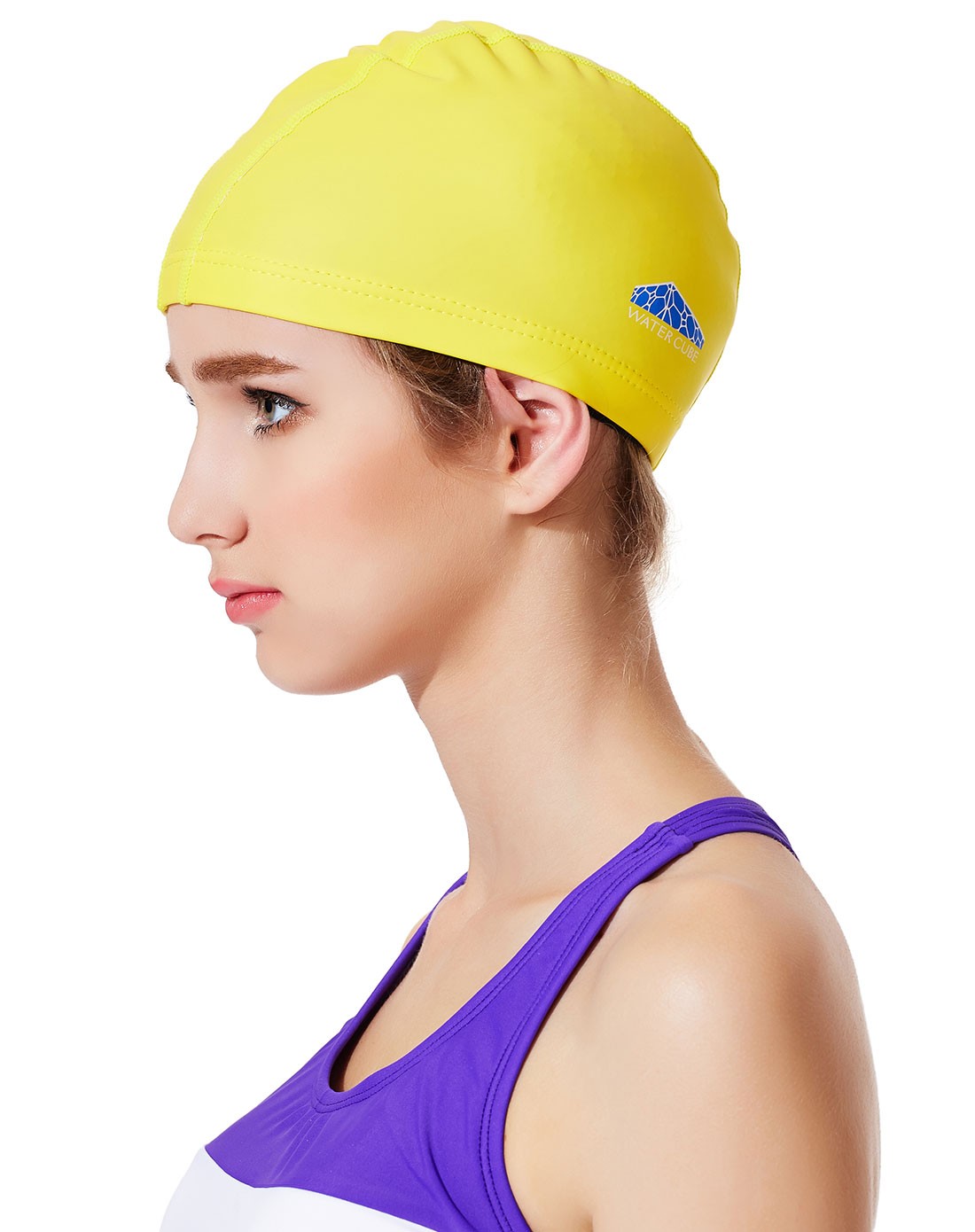 水立方water cube时尚泳装专场双层舒适护耳 成人黄色pu涂层泳帽