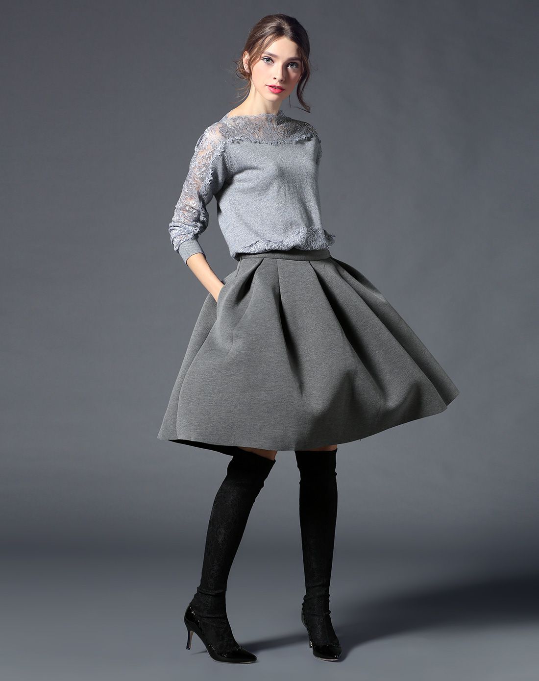 灰色经典淑女腰捏折太空棉全衬半裙