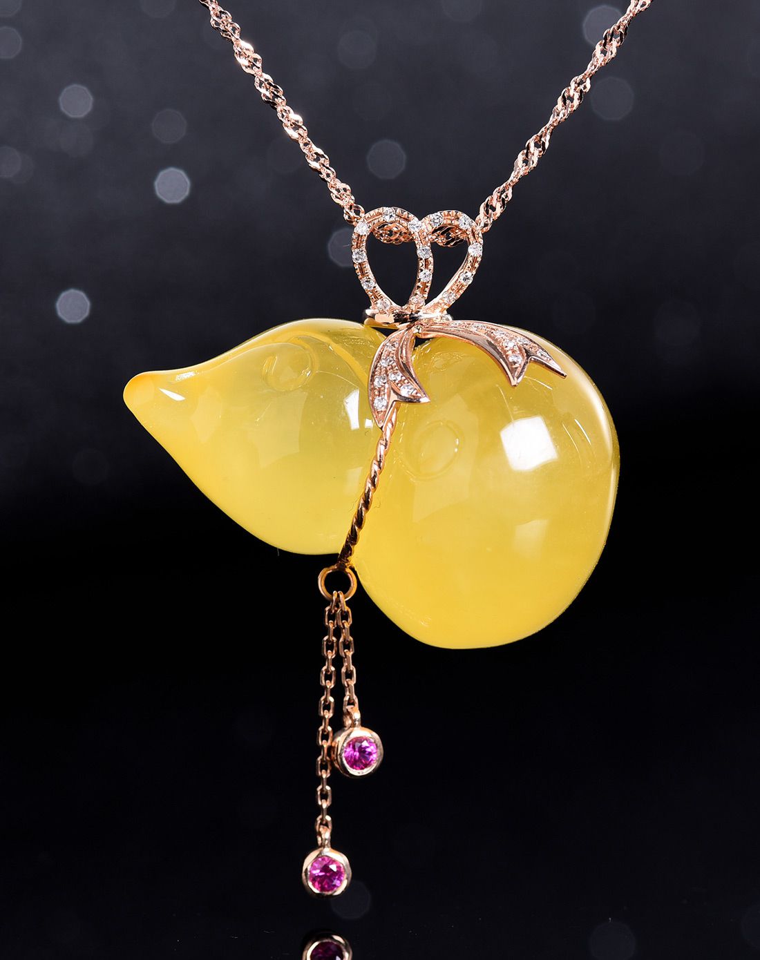 宝蒂娜 18k金镶嵌天然琥珀蜜蜡葫芦含链总重约8g