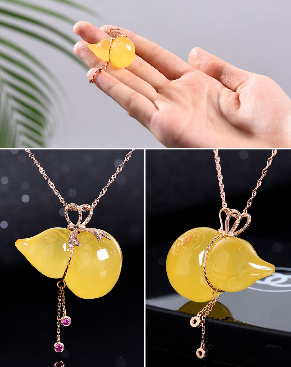 宝蒂娜 18k金镶嵌天然琥珀蜜蜡葫芦含链总重约8g