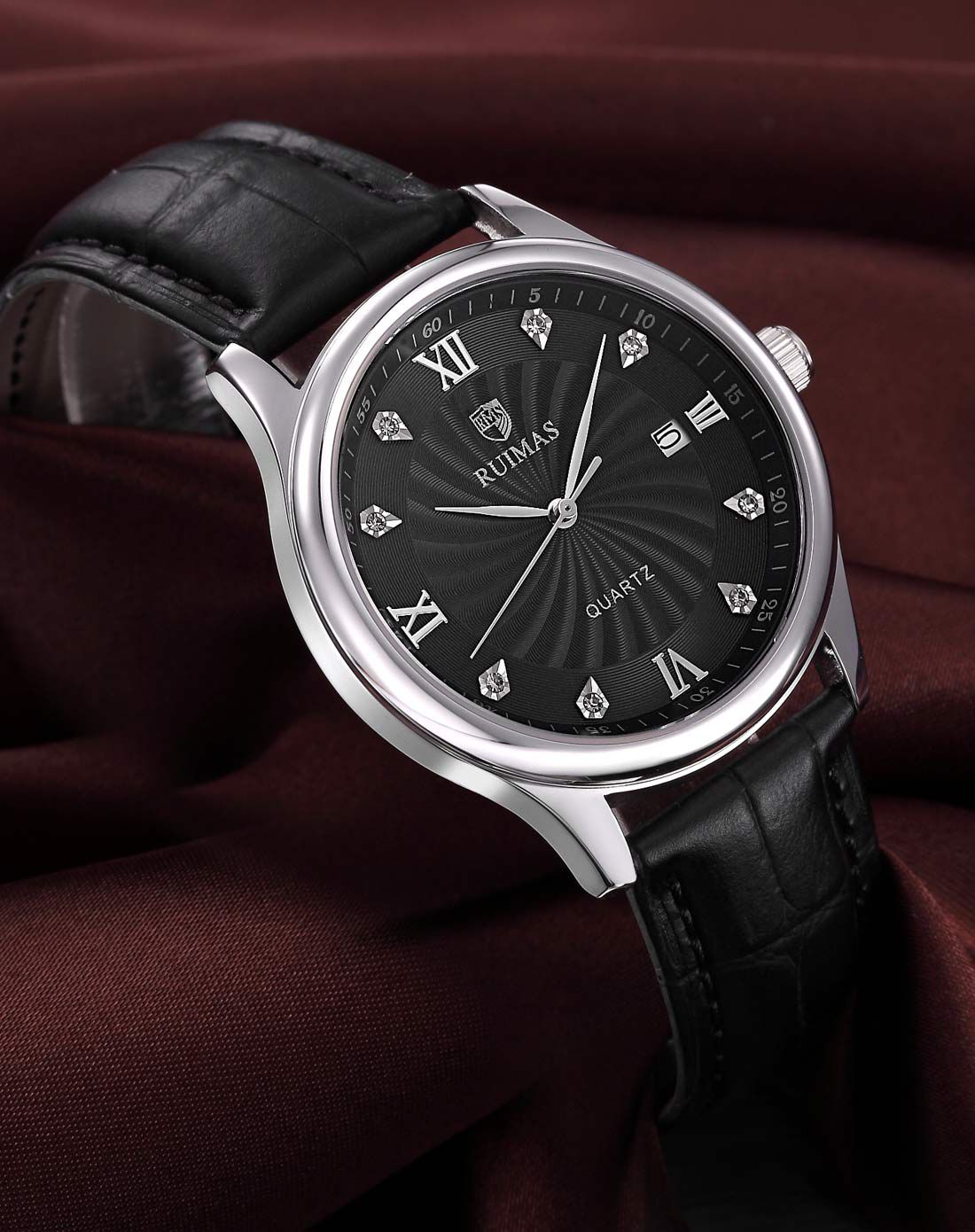 瑞马仕ruimas 进口机芯镶钻日历大气男士皮带石英表