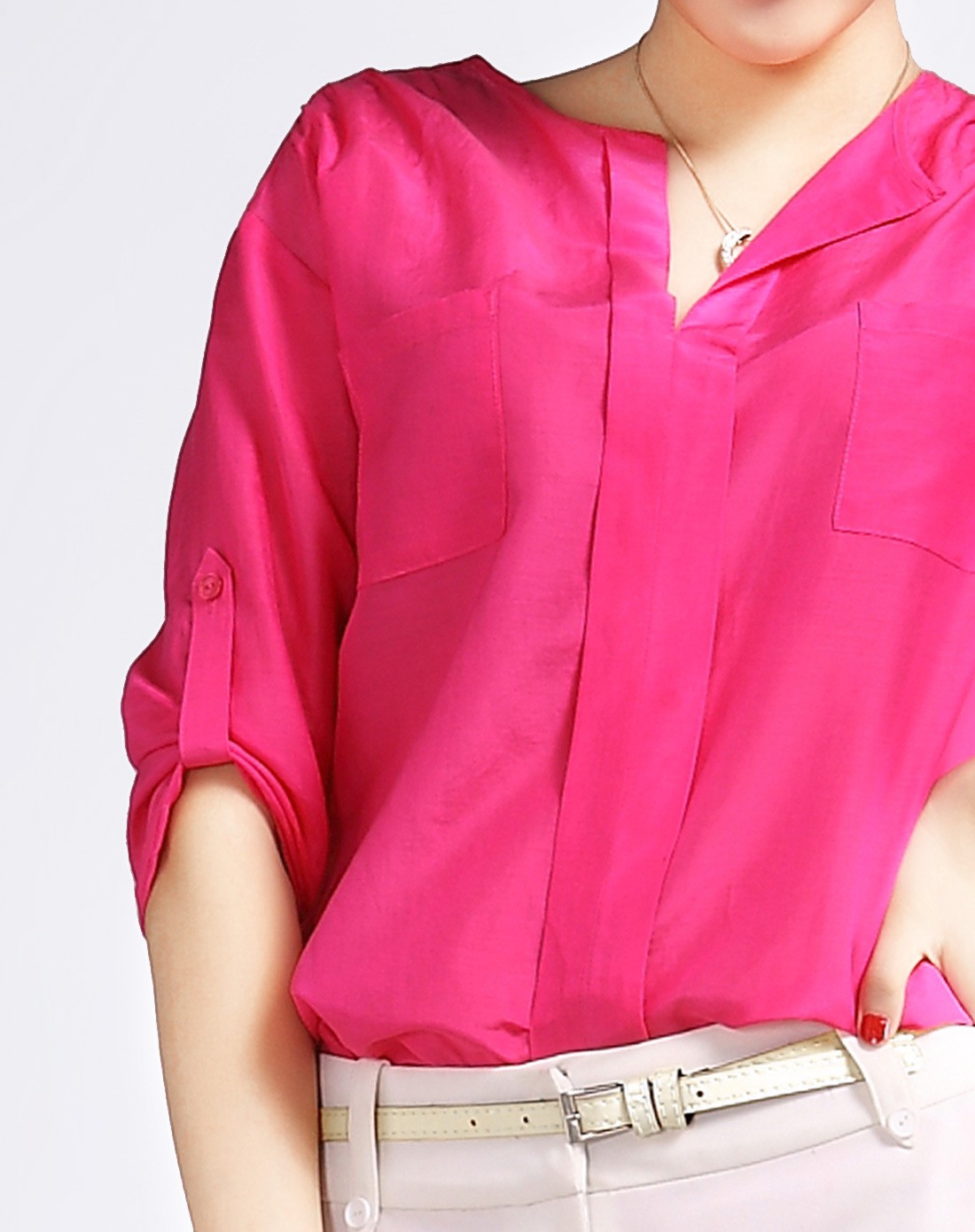 玫红色简约款百搭上衣