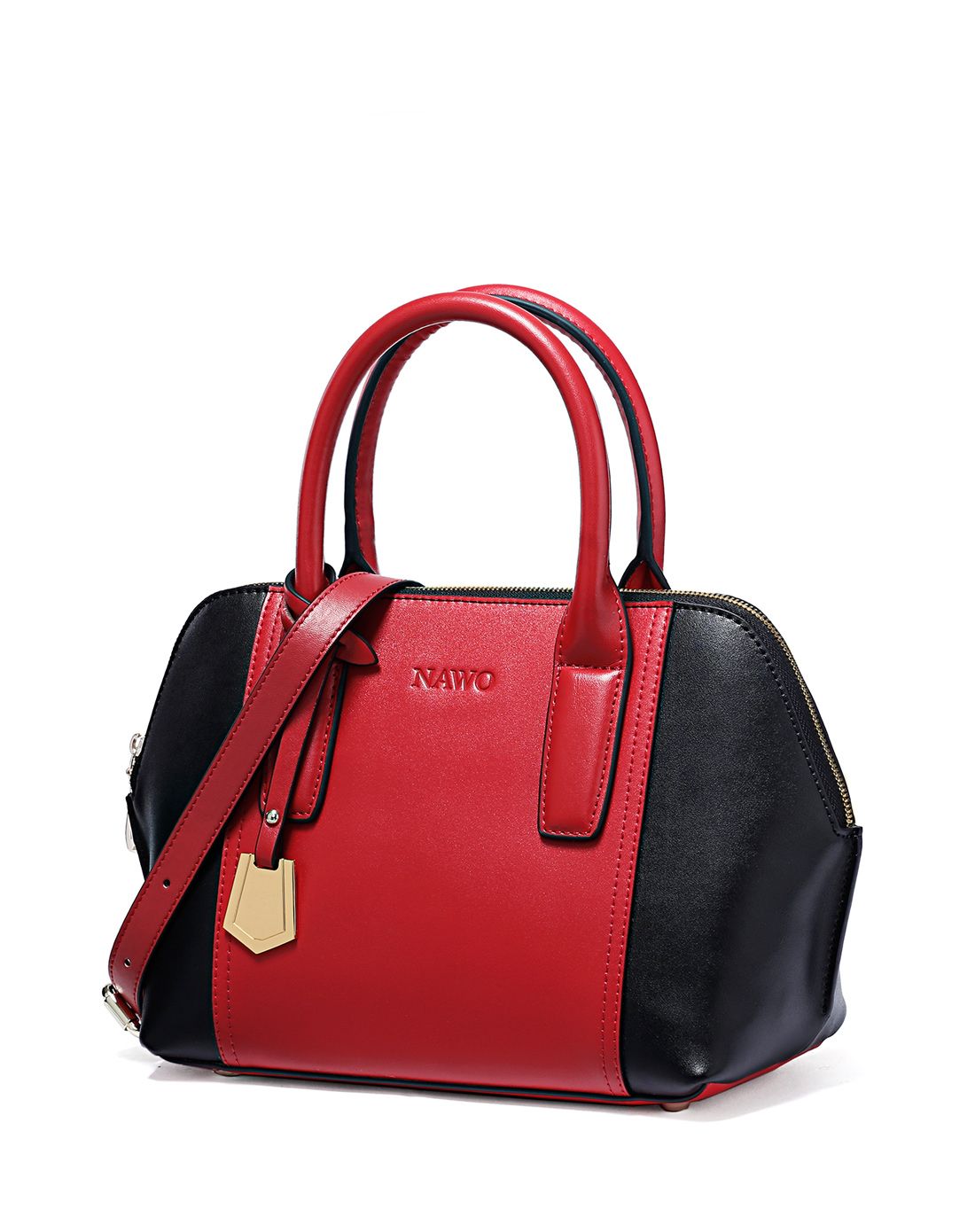女士红配黑牛皮简约经典手提斜挎包