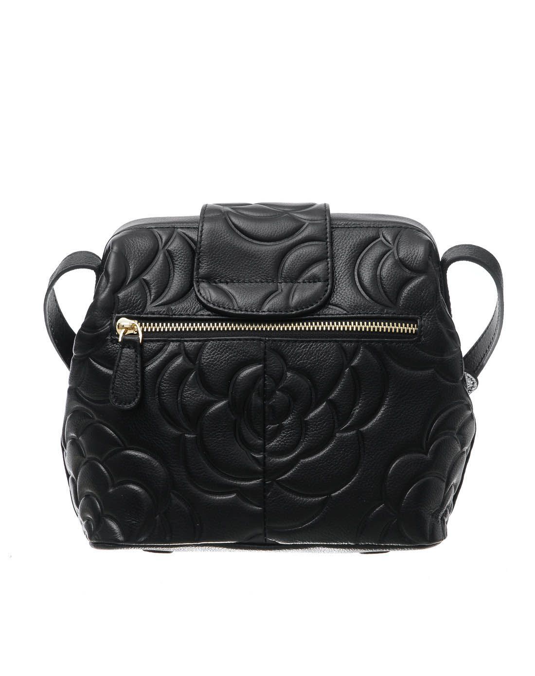 黑色牛皮山茶花压纹斜挎包
