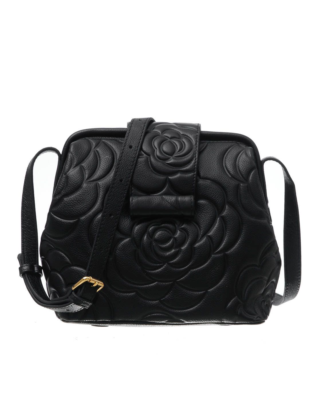 黑色牛皮山茶花压纹斜挎包