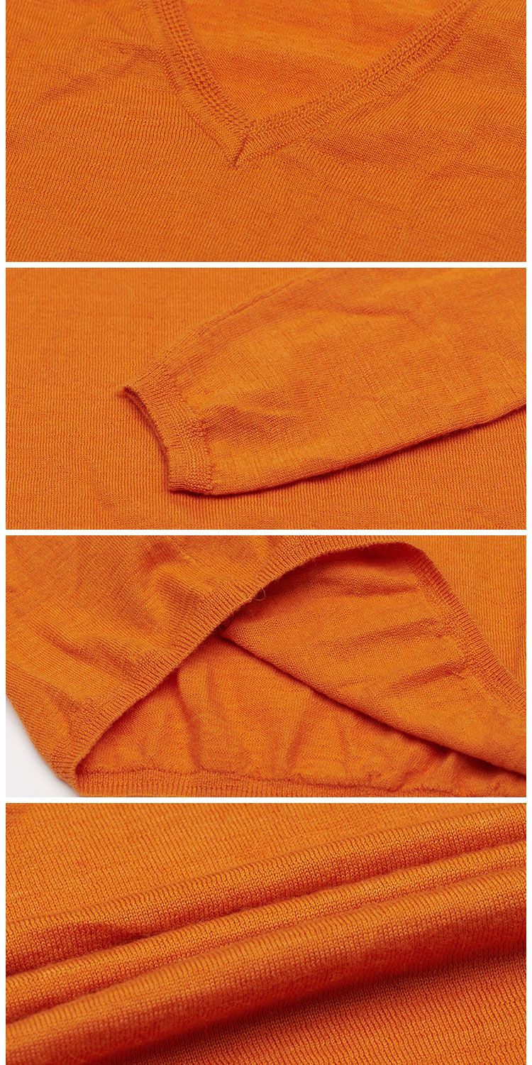 女式橙橘色精纺v领纯羊绒打底衫