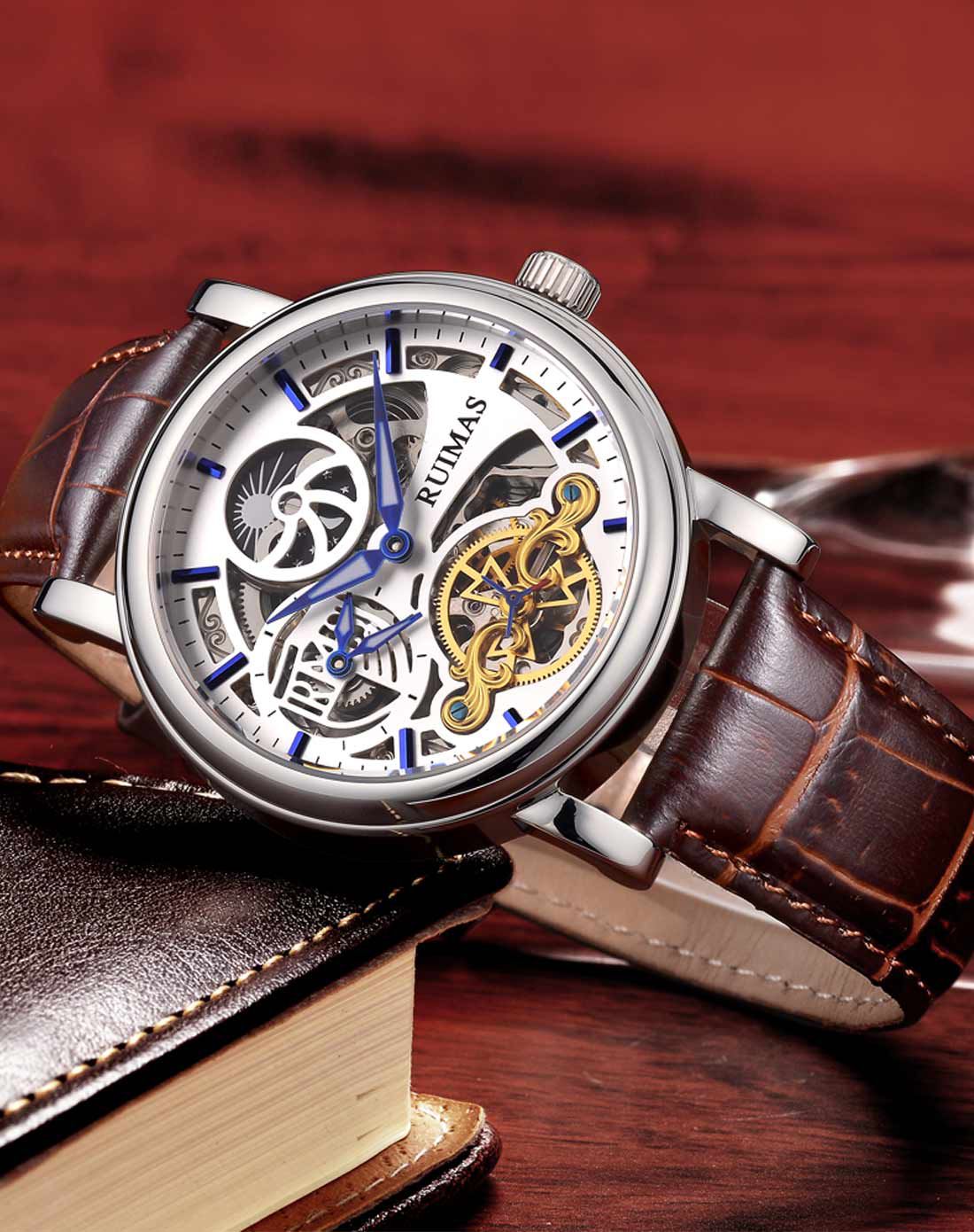 瑞马仕ruimas 蓝宝石镂空机芯男士皮带机械表