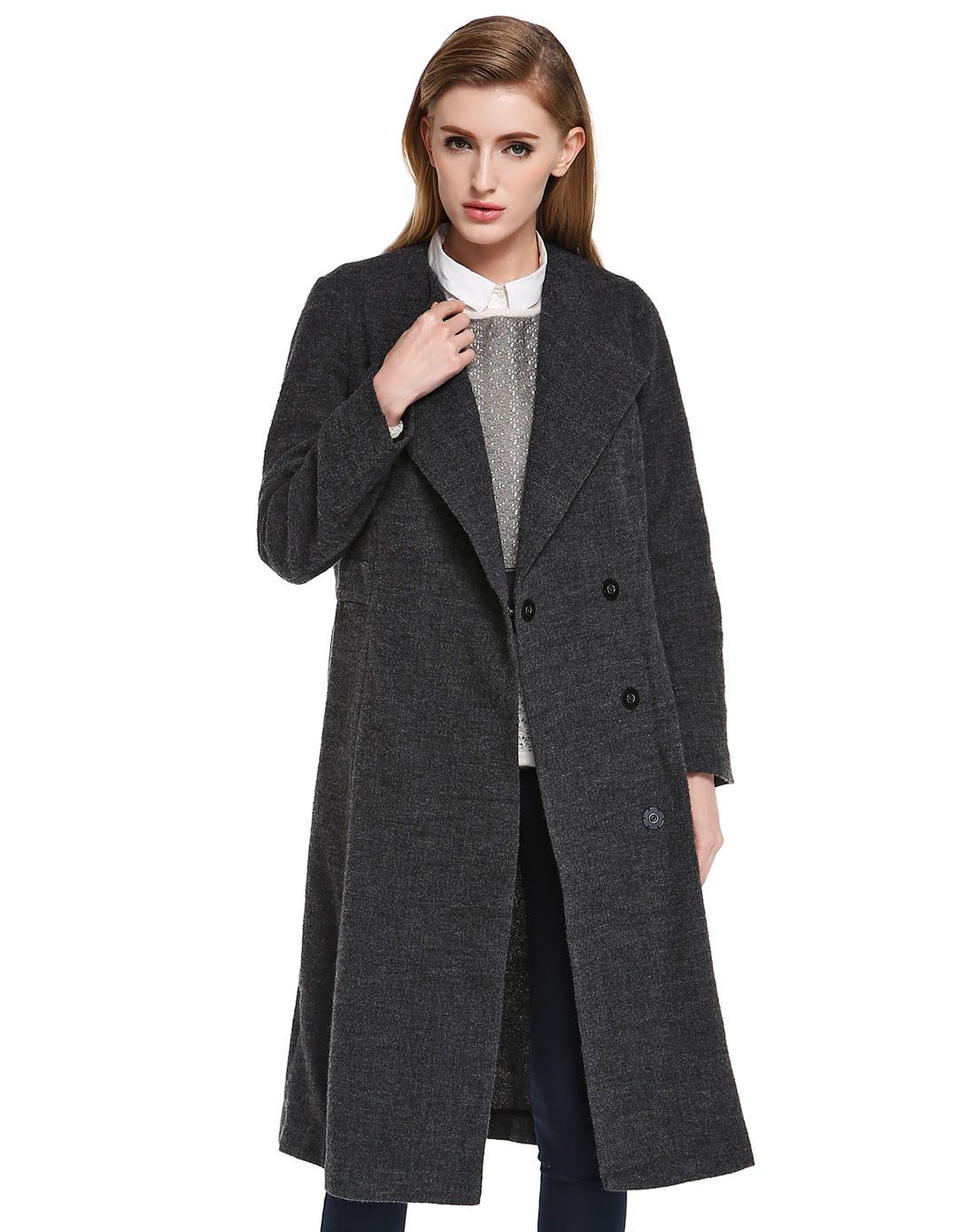 深灰色个性魅力长袖长款毛呢大衣
