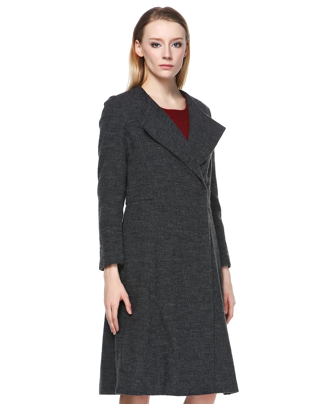 深灰色摩登魅力长袖长款毛呢大衣