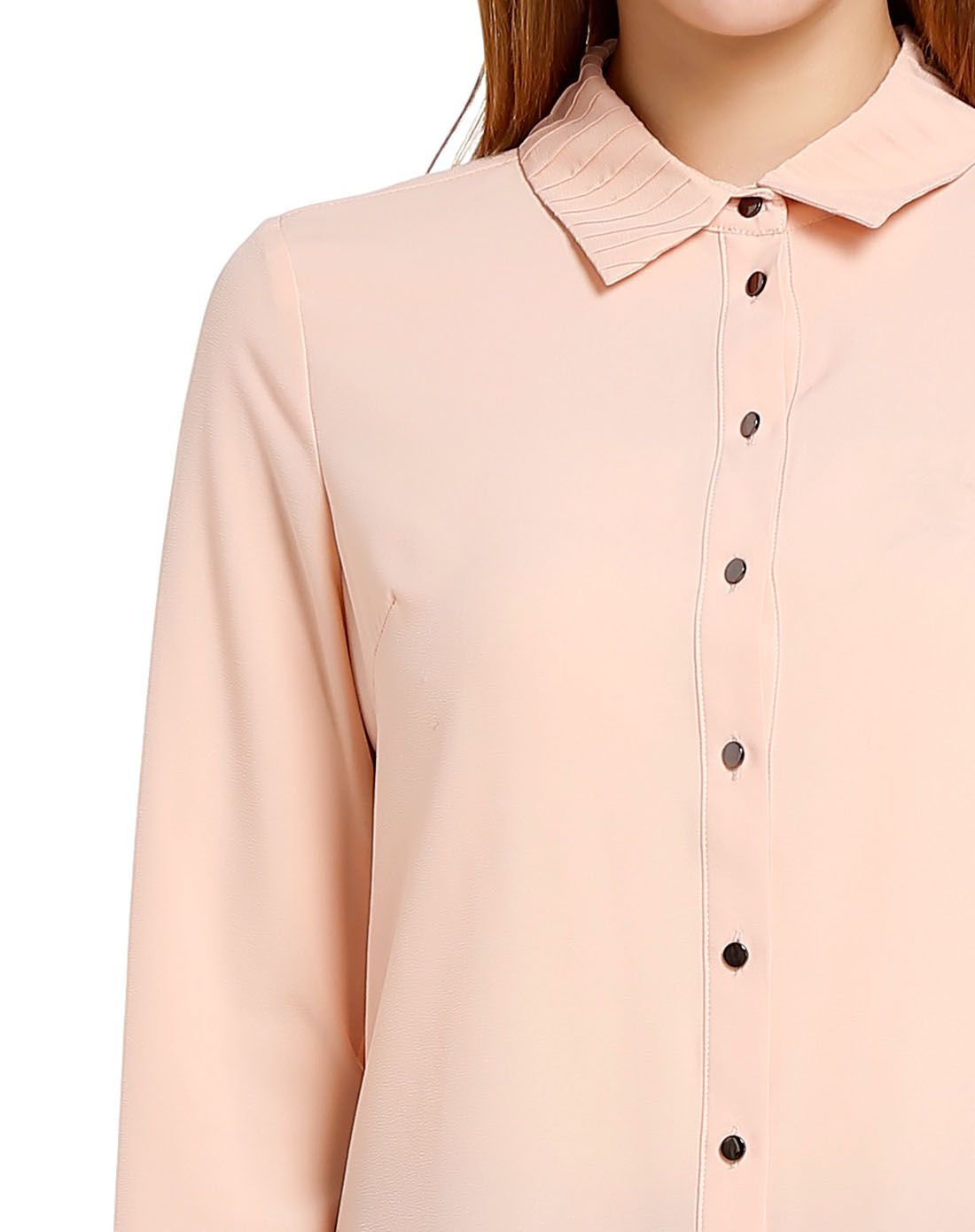 浅藕粉色百褶条纹翻领长袖衬衫