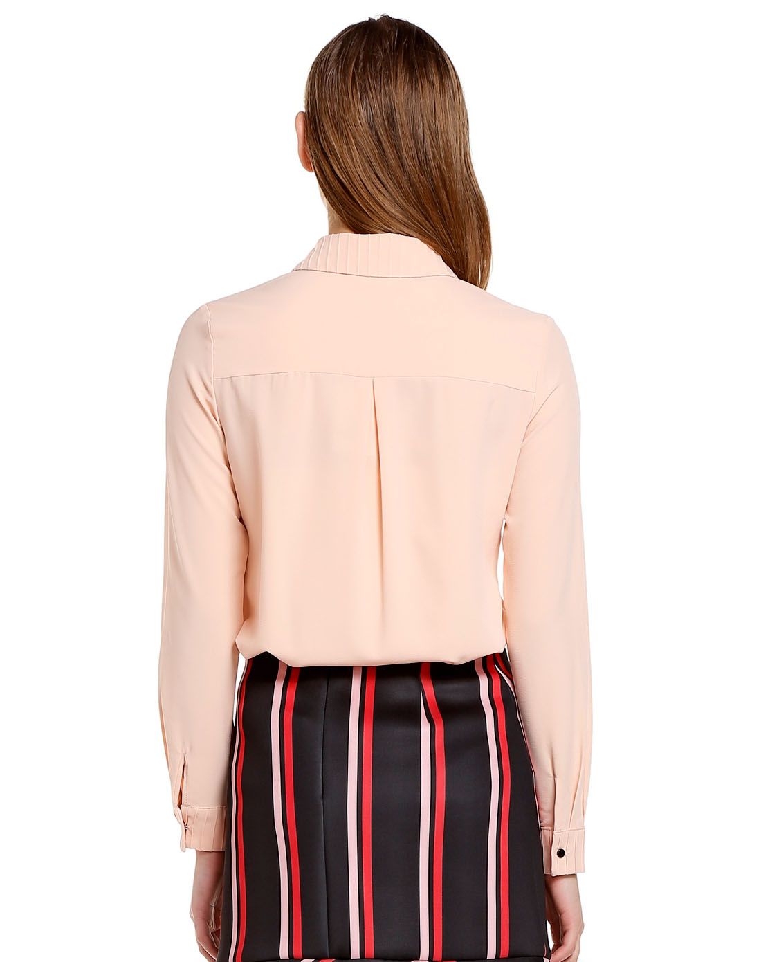 浅藕粉色百褶条纹翻领长袖衬衫