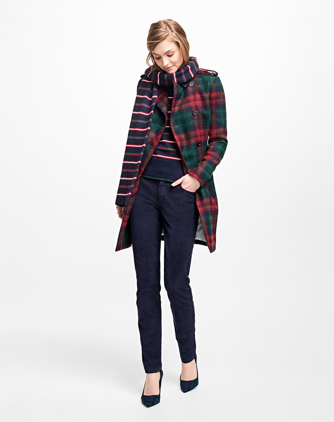 red fleece女款苏格兰格纹羊毛混纺翻领大衣外套