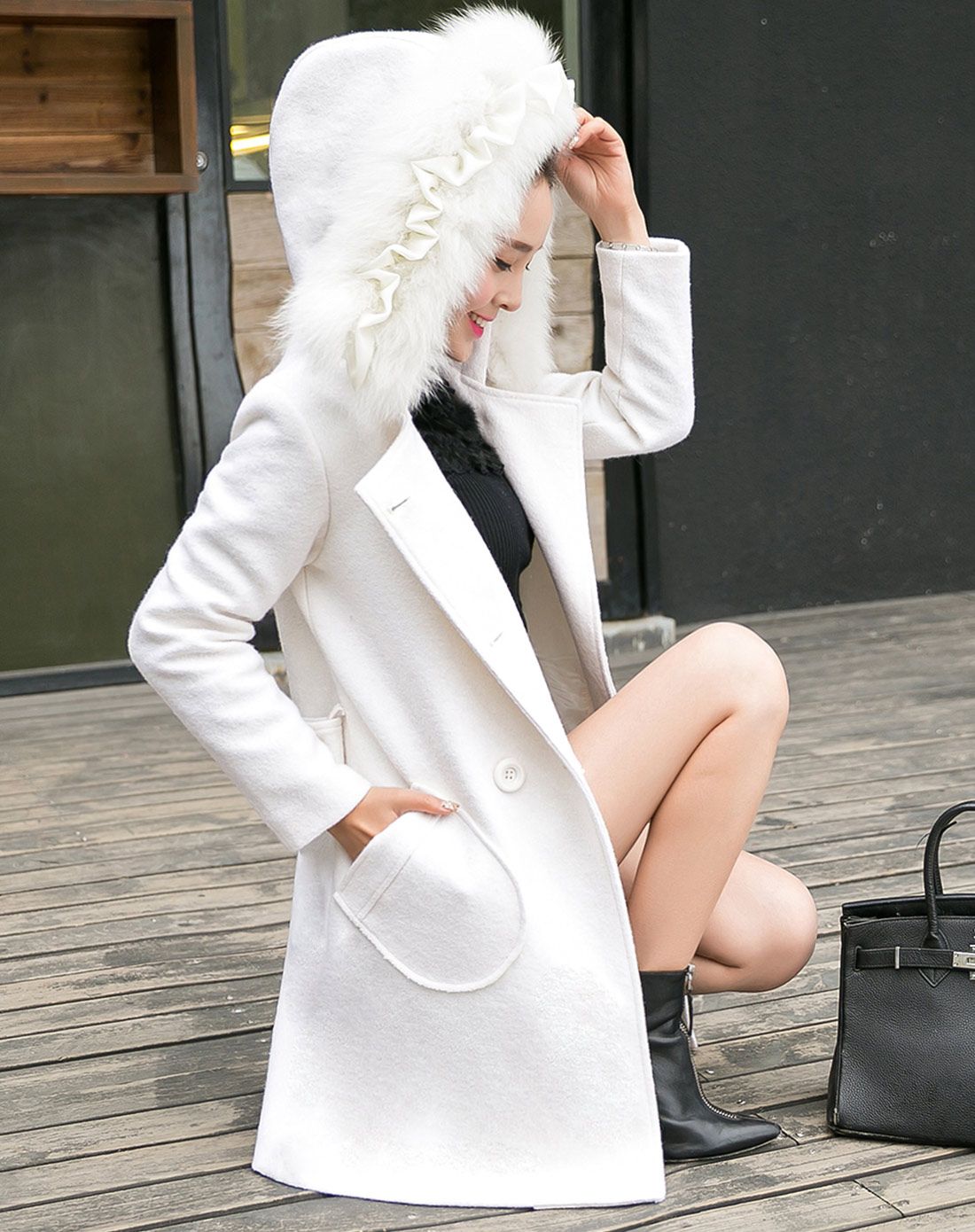 白色韩版气质大毛领双排扣口袋中长款毛呢大衣