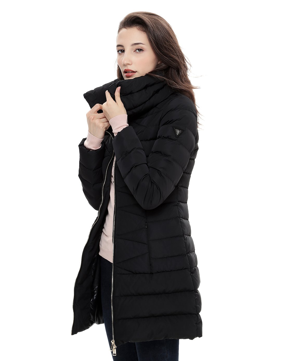 guess 17秋冬女士高领条纹拉链长款羽绒服